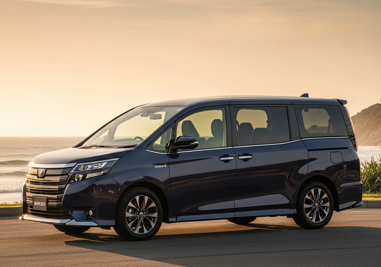 A high-specification black Toyota Noah X hybrid people mover, representing a premium used family vehicle, parked in an upscale neighborhood.